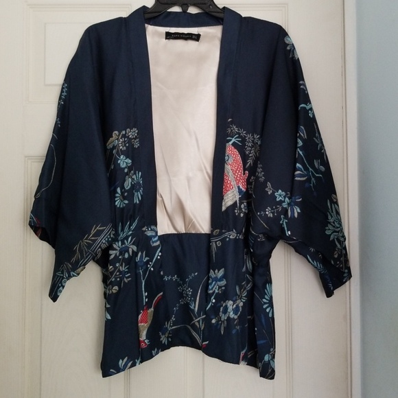 Bird print navy kimono - Picture 1 of 2